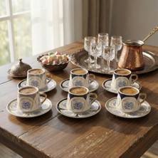 Berry Store Lüks 6 Kişilik Porselen Türk Kahvesi Fincan Takımı, Altın Yaldızlı ve Mavi Çiçek Desenli 12 Parça Kahve Seti, Modern Çeyizlik ve Hediyelik Sunum Seti