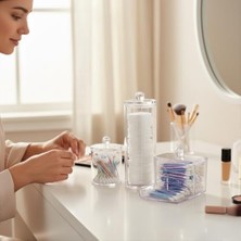 Berry Store Kristal Görünümlü 3'lü Makyaj Organizeri ve Pamukluk Seti – Şeffaf Akrilik Banyo Düzenleyici, Kapaklı Kulak Çubuğu ve Makyaj Pamuğu Saklama Kutusu – Şık Kozmetik Standı