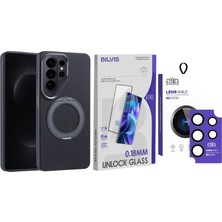 Vendas Galaxy S26 Ultra Kılıf M-safe Şarj Özellikli Karbon Fiber Görünümlü Zore Standlı Troy Kapak + HD Kamera Lens + Bilvis Ekran Koruyucu