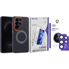 Vendas Galaxy S26 Ultra Kılıf M-safe Şarj Özellikli Karbon Fiber Görünümlü Zore Standlı Troy Kapak + Hd Kamera Lens + Bilvis Ekran Koruyucu