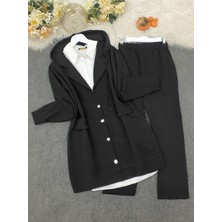 Modamorfo Kapşonlu Kapaklı Cepli Pantolonlu Takım  -Siyah