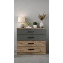 Latre Şifonyer - Antık Cam & Antrasit - 4 Çekmeceli