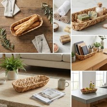Nisar Store Hasır Oval Ekmek Sepeti ve Çok Amaçlı Düzenleyici, 28X6 cm Doğal Örme Sunum Tabağı, Ince Uzun Baget Ekmeklik, Çatal Kaşık ve Banyo Makyaj Organizeri