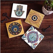 Nisar Store Nazar, Çini Sanatı, Fatma Ana Eli  Taş Bardak Altlığı Seti - 4 Parça - Dekoratif, Rustik Mutfak Aksesuarı, 10X10 Cm, Kaydırmaz Tabanlı, Şık ve Dayanıklı SC508