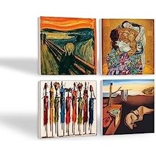 Nisar Store Salvador Dalí Belleğin Azmi, Çığlık, Yerli Kadınlar, Gustav Klimt Aile Kucaklama Taş Bardak Altlığı Seti - 4 Parça - Dekoratif, Rustik, 10X10 Cm, Kaydırmaz Tabanlı SC579