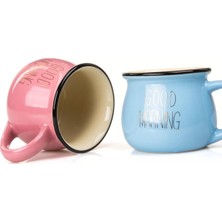 Nisar Store 2'li Görünümlü Renkli Porselen Kupa Seti Good Morning Yazılı 250 Ml,pembe & Mavi