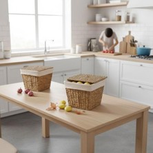 Berry Store Su Sümbülü Patates Soğan Kovası | Doğal Hasır Saklama Sepeti | El Yapımı Kare Şekilli Mutfak Düzenleyici | Dekoratif Sebze Kovası (25X25X30CM)