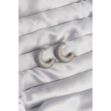 Shopwave Pirinç Gümüş Renk Zirkon Taşlı Yarım Halka Küpe