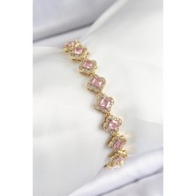 Shopwave Pirinç Zirkon Taşlı Pembe Yonca Baget Model Gold Renk Vıp Seri Kadın Bileklik