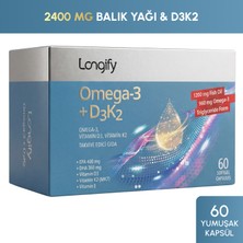 Longify Omega 3 + D3K2, Yüksek EPA & DHA, Vitamin D3, Vitamin K2 (MK7), Vitamin E, Balık Yağı, 60 Yumuşak Kapsül