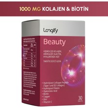 Longify Beauty Hidrolize Kolajen Tip 1 ve Tip 3, Hyaluronik Asit, Hidrolize Elastin, Biotin, Vitamin C, Çinko, Bakır Takviye 30 Tablet