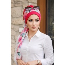 Aişe Tesettür Fuşya Çiçek Desen Fularlı Bone