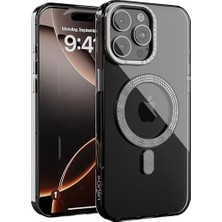 Berry Store 16 ile Uyumlu Şeffaf Taşlı Mag-Safe Kılıf – Sert Mika Sararmaz Kılıf, N52 Güçlü Mıknatıs, Bağımsız Tuşlar, Lüks Kristal Tasarım (Siyah Şeffaf, 16)