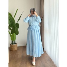RFK Butik Kadın Melinda Begonya Kumaş Etekli Ikili Takım - Mavi