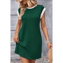 Ulak Handmader Kadın Kısa Kollu Yuvarlak Yakalı Kontrast Manset Detaylı Kısa Janjan Krep Elbise