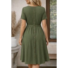 Ulak Handmader Kadın Kısa Kollu Yuvarlak Yaka Arkadan Düğmeli Viskon Midi Elbise