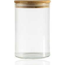 Berry Store 600 ml Çizgili Kavanoz - Yuvarlak Ahşap Kapaklı Hava Geçirmez, Tatlı, Baharat, Gıda Saklama Kabı, Kokusuz Dayanıklı Cam Saklama Kabı, Kavanoz