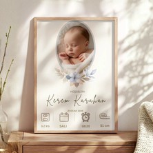 Gralanda Erkek Bebek Anı Panosu, Fotoğraflı Doğum Ölçüleri Tablosu, Isim ve Tarihli Bebek Odası Duvar Süsü Pano