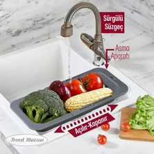 Trend Maison Sürgülü Ayarlanabilir Pratik Lavabo Süzgeci, Uzun Kısa Ayarlı Evye, Meyve Sebze Salata Yıkama Gri
