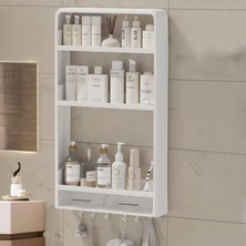 Omaş Tera Yapışkanlı Duvar Rafı Organzer Banyo Rafı, Mutfak Rafı Havluluk Sabun,şampuanlık, Çekmeceli Duş Rafı Beyaz