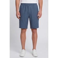 Sabri Özel Lacivert %100 Keten Regular Fit Beli Lastikli Bermuda Şort