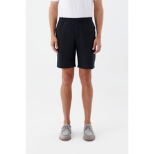 Sabri Özel Erkek Siyah Normal Kesim Regular Fit %100 Keten Lastikli Bel Bermuda Şort