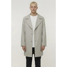 Sabri Özel Erkek Bej Geniş Kesim Oversize Fit Pamuklu Dokuma Yan Cepli Orta Boy Ceket Yaka Trençkot