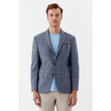Sabri Özel Erkek Mavi Regular Fit 4 Drop Mono Yaka Blazer Ceket