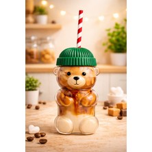 Özkurt Store Ayıcıklı Cam Bardak 550 ml Yeşil Kapaklı Pipetli Soğuk Içecek Bardağı Barista Tasarım