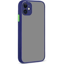 Berry Store 12 ile Uyumlu Arka Kısmı Mat Şeffaf Yapıya Sahip Kenarları Silikon Tpu Malzemeden Üretilmiş Renkli Tuşlara Sahip Kamera Korumalı Transparan Kılıf (Lacivert)