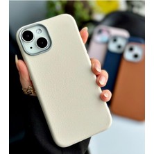 Berry Store 13-14 - 15 Uyumlu Estetik Dokulu Deri Görünümlü Esnek Silikon Kılıf - Krem