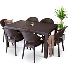 Bahex 90 x 150 Rattan Masa Takımı Kahverengi 6 Kişilik Plastik Bahçe Seti Modern Tasarım