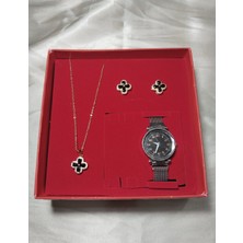 Mumicemum Hediyelik Kadın Çelik Taşlı Saat ve Kolye+Küpe 4li Takı Seti,