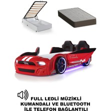 Ferramini Kırmızı Kapıları Açılan Mustang Full Ledli Kumandalı ve Müzikli + Ortopedik Yatak Bazalı Arabalı Yatak