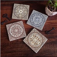 Nisar Store Etnik Desen Taş Bardak Altlığı Seti - 4 Parça - Dekoratif, Rustik Mutfak Aksesuarı, 10X10 Cm, Kaydırmaz Tabanlı, Şık ve Dayanıklı SC114