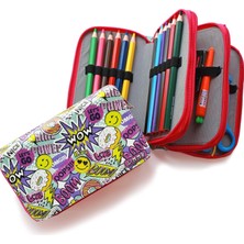 Nisar Store Kalem Kutusu Wow Oops Boom Smile Desenli Kawai Organizer Kalemkutu Vegan Deri Üç Bölmeli Kalemlik
