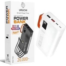 Nisar Store 22.5W Pd 3.0 Hızlı Şarj Powerbank, Kablolu Model, Gerçek 20.000 Mah Kapasite, 15/16 Serisi ile Type-C Uyumlu, Qc2.0 Destekli Taşınabilir Şarj Cihazı, Siyah