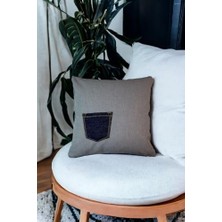 Nisar Store Kot Kumaştan Cep Detaylı 43X43 Dekoratif Kırlent Kılıfı Gri Denim Modern