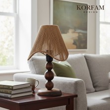 KorFam Wavy Abajur - Kahverengi Hasır El Yapımı Bohem Asimetrik Şekilli Ahşap Ayaklı Rustik Abajur