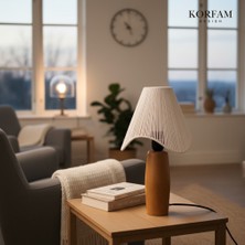 KorFam Wavy Abajur - Beyaz Hasır El Yapımı Bohem Asimetrik Şekilli Ahşap Ayaklı Rustik Abajur