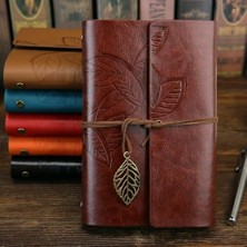 NY Home Yaprak Baskılı Deri Kapaklı Günlük Not Defteri Özel Tasarım Hediyelik Kahverengi