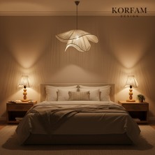 KorFam BREEZE Modeli - Avize & Abajur Set - Hasır El Yapımı Bohem Avize 2'li Ahşap Ayaklı Rustik Abajur Set - Beyaz