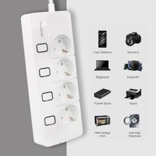 NY Home 4'lü Akım Korumalı Priz, 4000 Watt 16 Amper, 1400 Joule, Dörtlü Çoklu Priz, Her Priz Için Ayrı 4 Anahtar Özelliği, 1.5 Metre Kablo Uzunluğu, Anahtarlı Grup Priz, Topraklı, Çocuk Korumalı