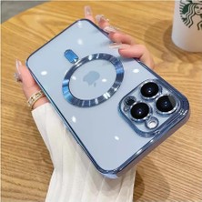 NY Home 15 Pro Için ile Uyumlu Arka Kısmı Parlak Şeffaf Yapıya Sahip Kenarları Silikon Yapılı Güçlendirilmiş Mıknatıslı Kamera Lens Koruyuculu Kablosuz Şarj Destekli Kılıf (Mavi)