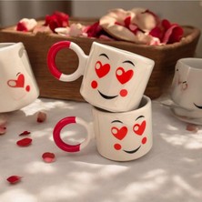 NY Home El Yapımı Kırmızı Kalpli Göz ve Gülen Yüz Çay Kahve Hediyelik 2 Li El Yapımı Seramik Kupa Ba