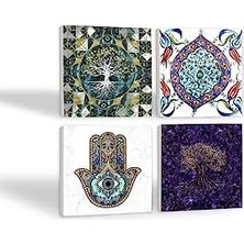 NY Home Hayat Ağacı, Çini Sanatı, Fatma Ana Eli  Taş Bardak Altlığı Seti - 4 Parça - Dekoratif, Rustik Mutfak Aksesuarı, 10X10 Cm, Kaydırmaz Tabanlı, Şık ve Dayanıklı SC484