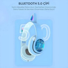 NY Home Kedi Kulak Rgb LED Işıklı Kablosuz Bluetooth Kulaklık Mikronlu Hafıza Kartı Girişli Kedi Kulaklık (Mavi)