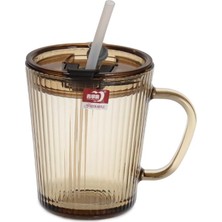 NY Home Kapaklı Pipetli Cam Kupa Bardak Çay Kahve Meşrubat Tatlı Bardağı Kahverengi 370 ml