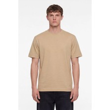 Sabri Özel Erkek Bej Normal Kesim Regular Fit %100 Pamuk Dokuma Bisiklet Yaka Basic T-Shirt