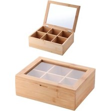 NY Home Bambu 6 Bölmeli Çay Kutusu -%100 Orjinal Bambu Mıknatıslı Kapak 21X16,5 X7CM